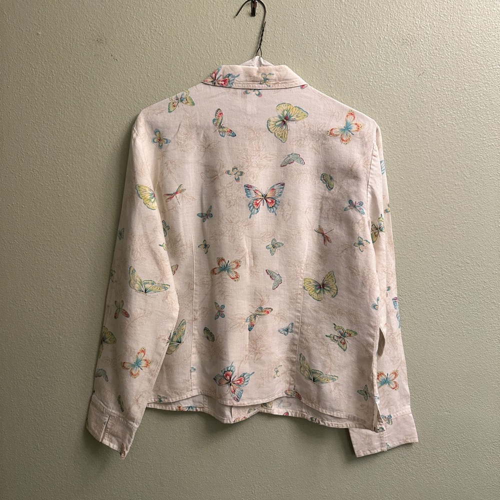 Talbots 100% Linen Button Down Blouse Size 10 Butterfly Print - Picture 5 of 13